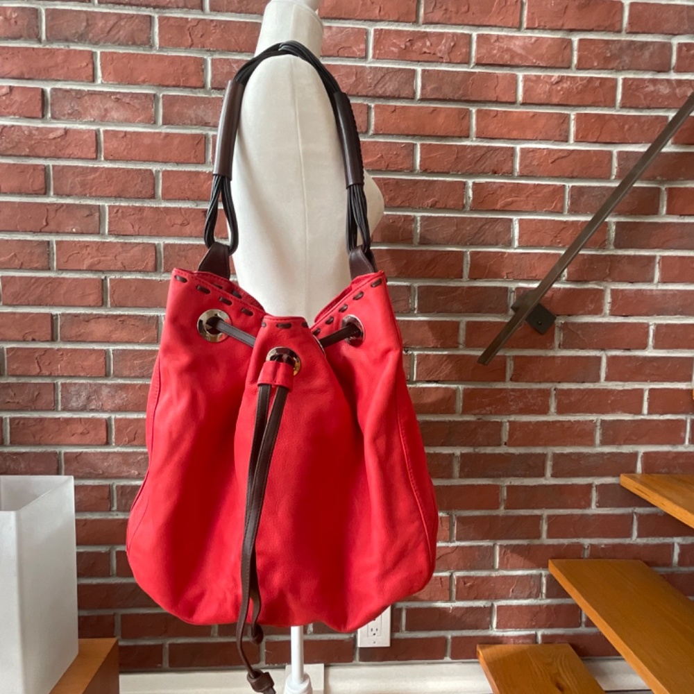 •LAI Genuine Red Brown Drawstring Large Hobo Shoulder Bag Handcrafted inUSA.